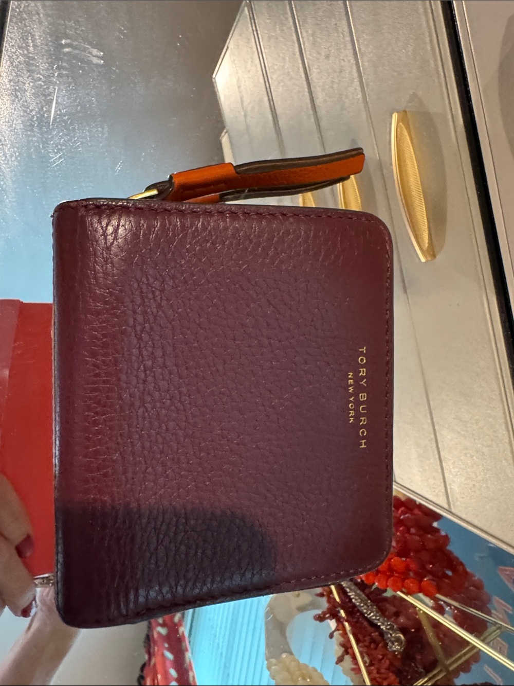 Tory Burch Womens Plum Pebbled Leather Zip Wallet with Gold Logo